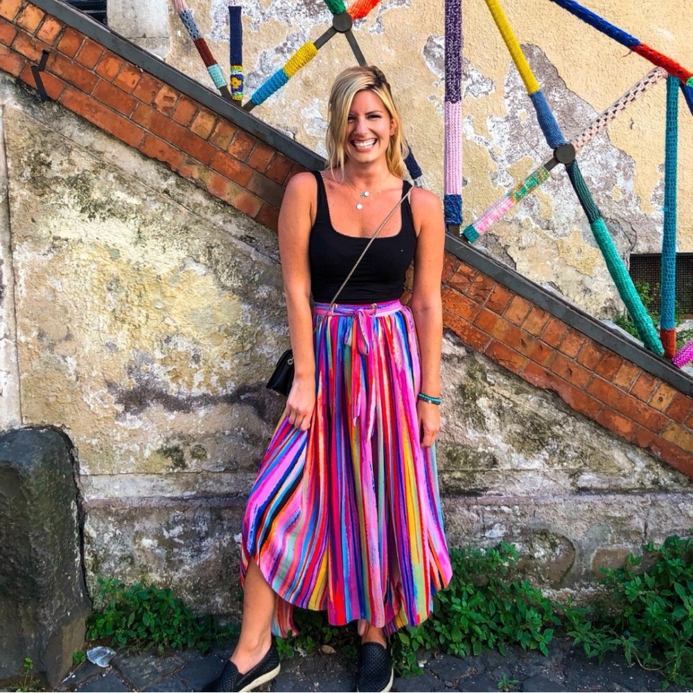 Karen Millen high-waisted rainbow stripe midi-length style skirt